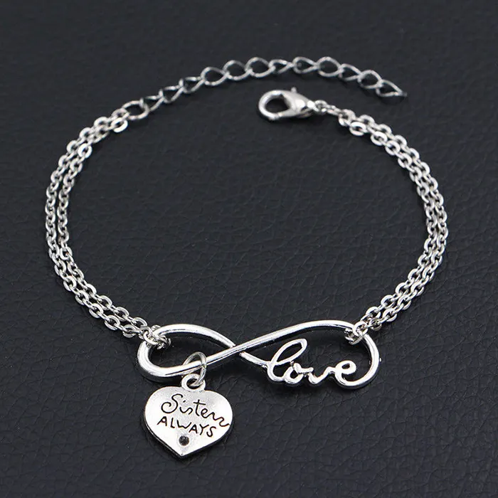 Best Friend Sister Always Charms Silver Pendants Leather Love Infinity Bracelet