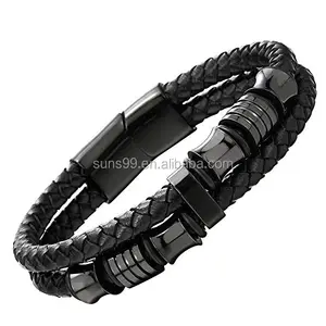 Mens Double-row Black Braided Leather Bracelet Bangle Wristband With Black Stainless Steel Ornaments