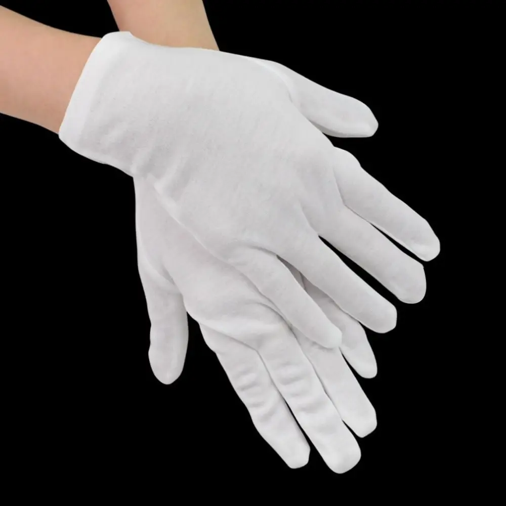 Белые хлопковые перчатки для фотосъемки, перчатки для инспекторов, хлопковые перчатки для косметики, увлажняющие руки, спа, монеты, ювелирные изделия, серебристые, для фотоосмотра