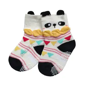 Kids Non Slip Indoor Cute Cotton Crew Grip Socks with Panda Cuffs