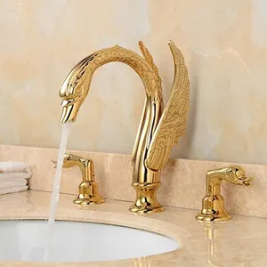 Fapully Animale di Lusso Rubinetto, Oro Placcato Swan Rubinetti, di Alta Qualità 3 Fori Bagno Rubinetto Del Bacino