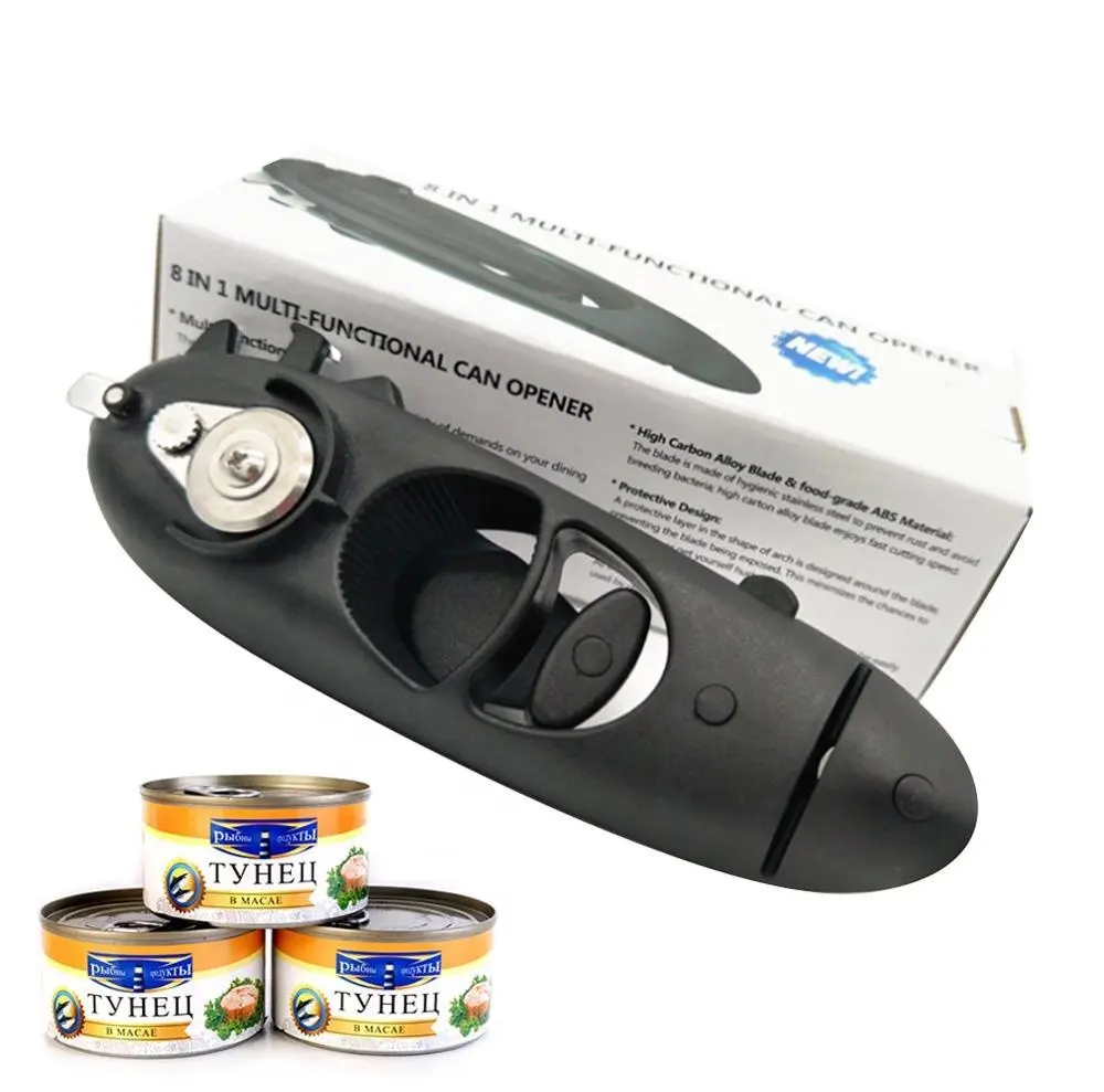8 In 1 Function Manual Can Opener Smooth Edge and Heavy Duty Bottle Opener and Lid Lifter Black