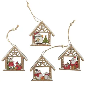Christmas wooden house shape hanging ornament decoration for xmas tree