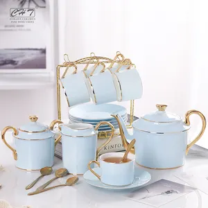 Tea And Coffee Set Wholesale Chinese Wedding Home Goods Korean Promotional Vintage Coffee Tea Cup Gift Set For 1 With Gold Sugar And Milk Pots