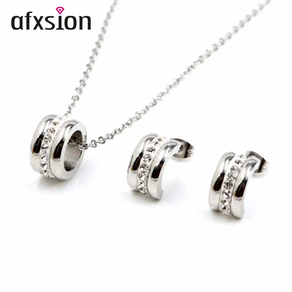 Round Pendant Silver Diamond 316 Stainless Steel Jewelry Necklace Set 2018 Girl with Rhinestones