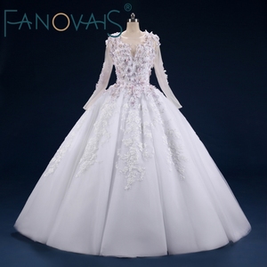 RUOLAI ASA018 nuovo <span class=keywords><strong>abito</strong></span> da sposa classico a maniche lunghe 3D fiori Appliques <span class=keywords><strong>abito</strong></span> da sposa <span class=keywords><strong>in</strong></span> <span class=keywords><strong>Tulle</strong></span> con fiori colorati - Product Image 1