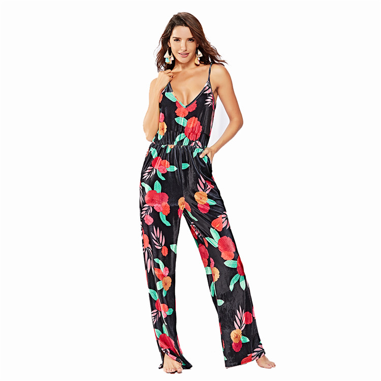 Sample Accepted Autumn Winter Spaghetti Strap Velvet Side Split Long Pants Women Ladies Floral Jumpsuits