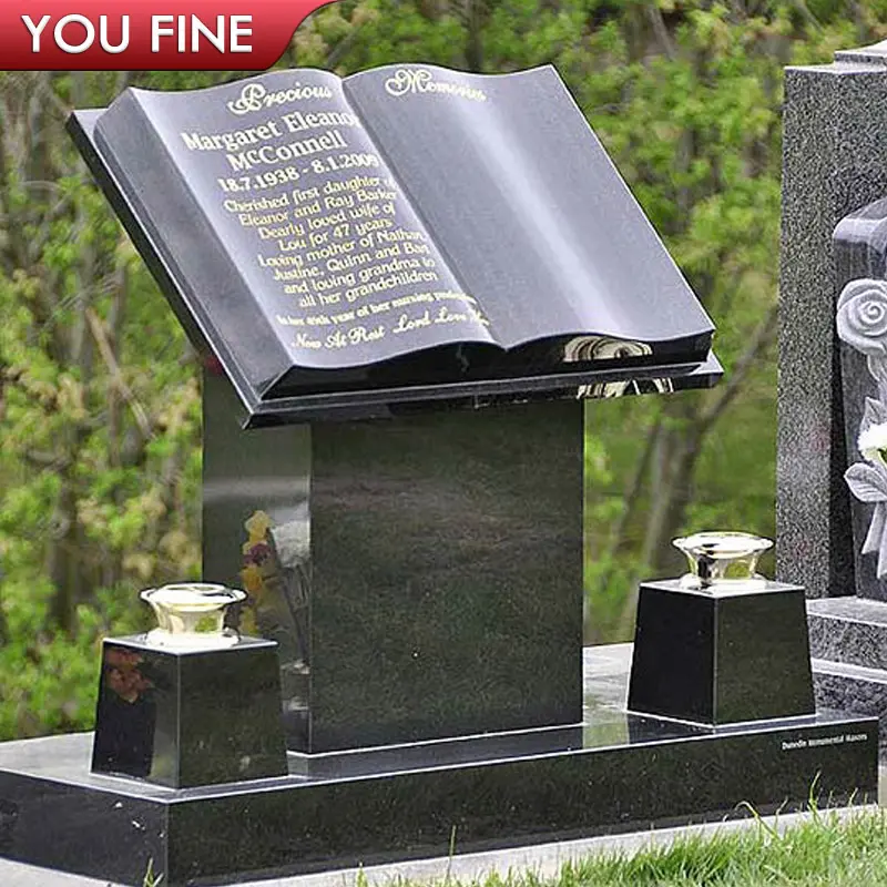 Tùy Chỉnh Thiết Kế Tay Ngoài Trời Khắc Đá Hoa Cương Đen Cuốn Sách Đá Cẩm Thạch Headstone