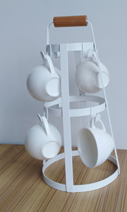 Hot Sale Eco-Friendly <b>Metal</b> <b>Mug</b> Tree Stand Wooden Top Handle White Powder Coating for Kitchen Tableware Drinkware Rack Holder - Product Image 2