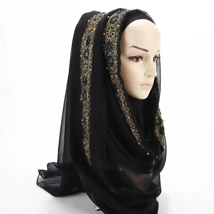 عالية الجودة مسلم رئيس الأوشحة الجملة الذهب ختم الشيفون النساء بريق الحجاب وشاح