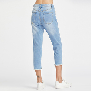 Wholesales clothing woman embroidery Ripped frayed Hem cropped Jeans for women - Product Image 4