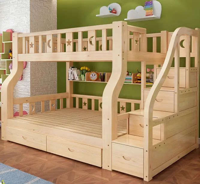 寝室家具幼稚園無垢材スライドロフト子供二段ベッド工場販売