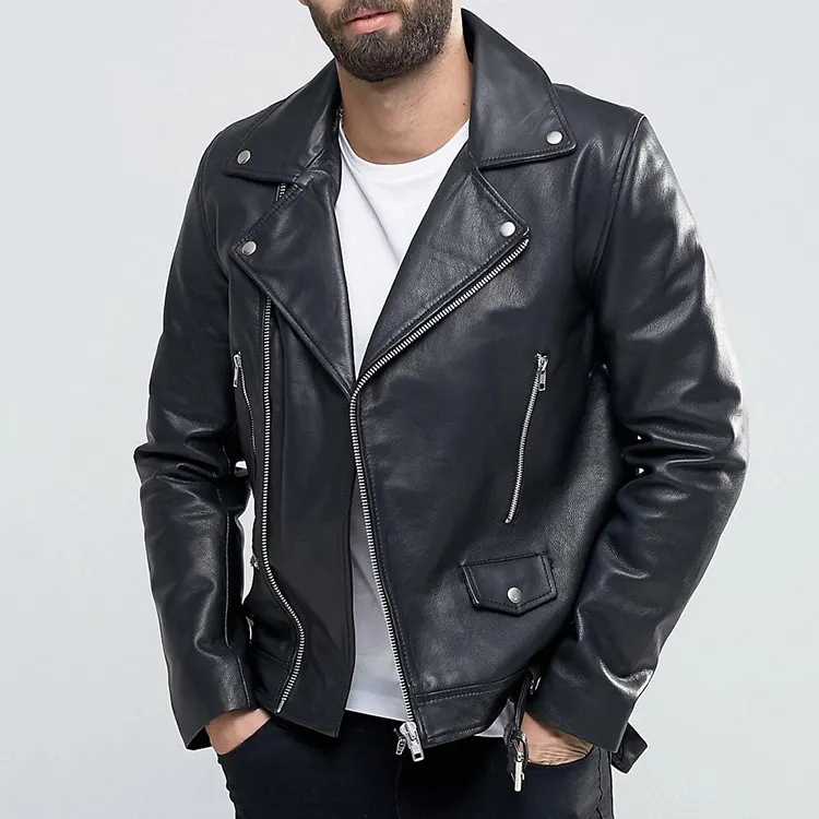 Leather Biker Jacket With Belt in Black