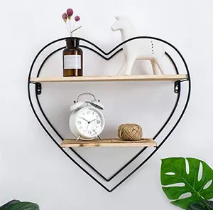 antique decorative heart shape metal wall mount shelf wire solid wood wall shelf for storage