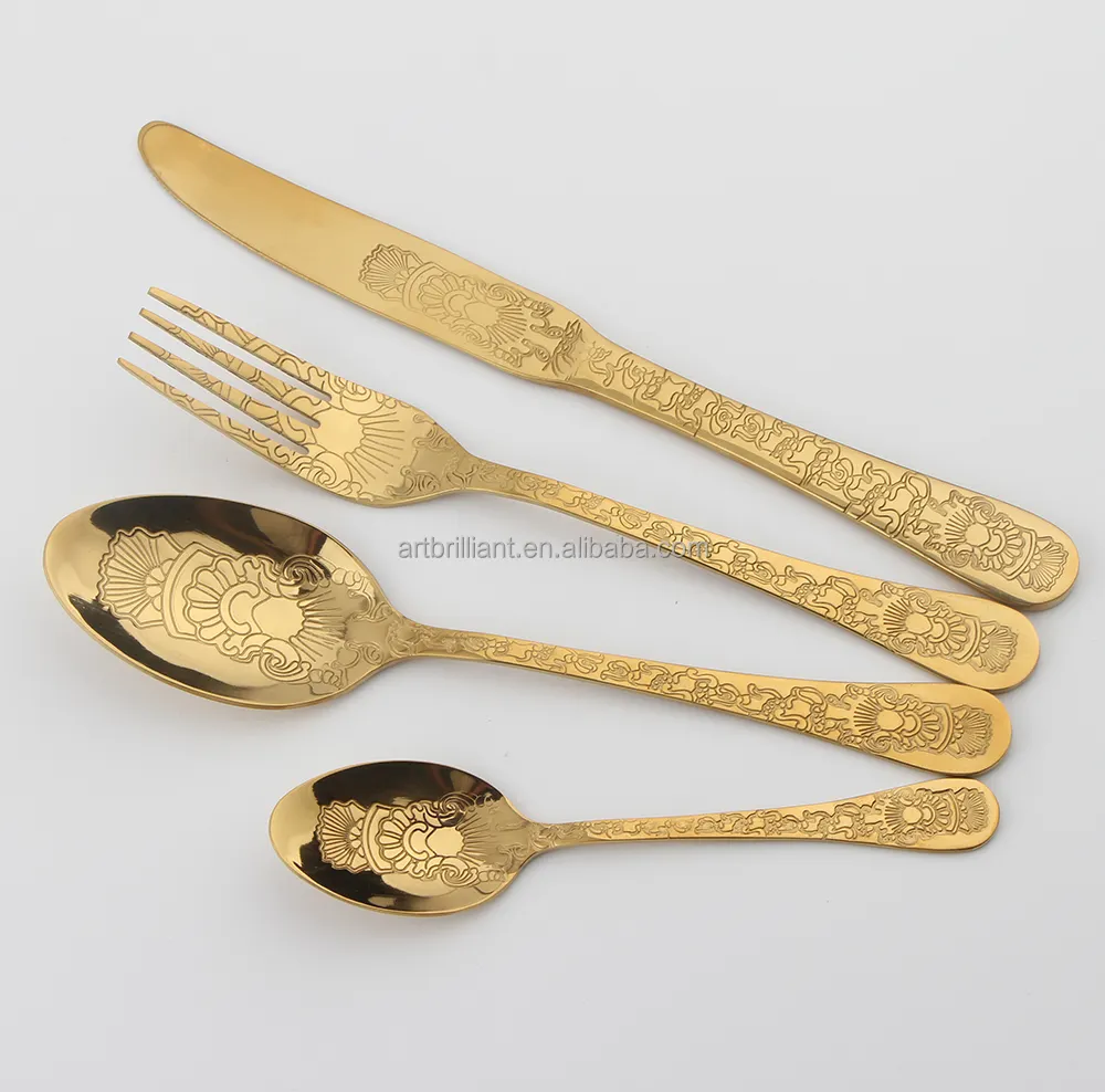 전체 골드 PVD 도금 스푼 꽃 양각 새겨진 flatware 칼