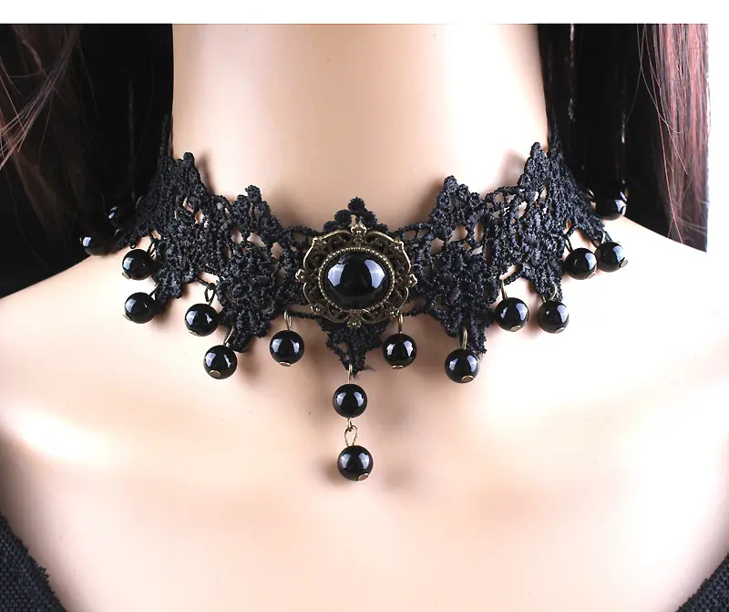 Schwarze Schnürsenkel Halskette Halskette Kragen Kette übertrieben Perlen falsche Kragen Ornamente