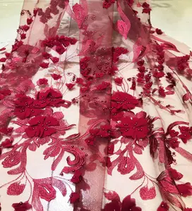 와인 레드 3D 꽃 구슬과 돌 드레스