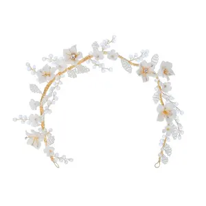 Luxe Bruiloft Handgemaakte Kralen Bloem Haarbanden Oorbel Bruiden Keramiek Hoofd slijtage Parel Haaraccessoires Vrouwen Tiara