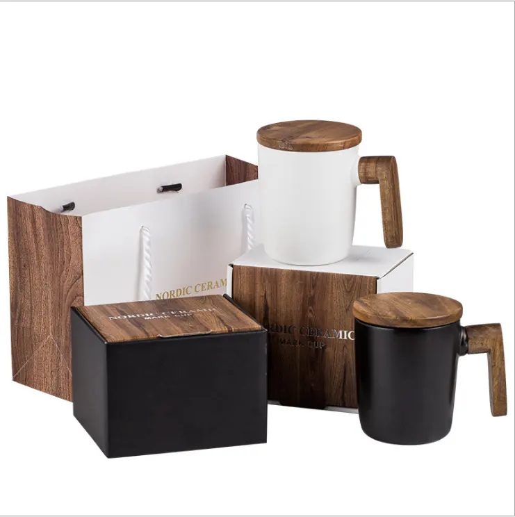 Luxo madeira alça presente caixa caneca conjunto vintage cerâmica leite café caneca com madeira alça tampa atacado