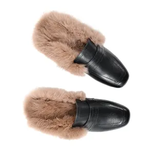 WETKISS OEM/ODM Korea Fashion Latest Design Chunky Heel Ladies Slipper Real Leather Mules Shoes Mature Women Fur Slipper Outdoor