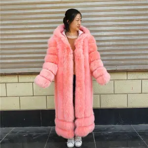 ALICEFUR Factory Sale super long hooded fur clothing women wholesale real fox Fur coat