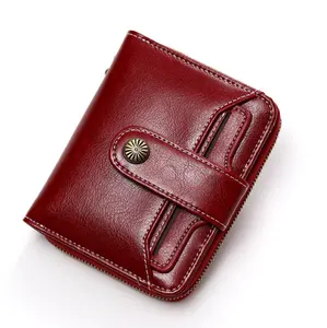 Ladies wallets and purses short mini wallet oil wax genuine leather wallet women