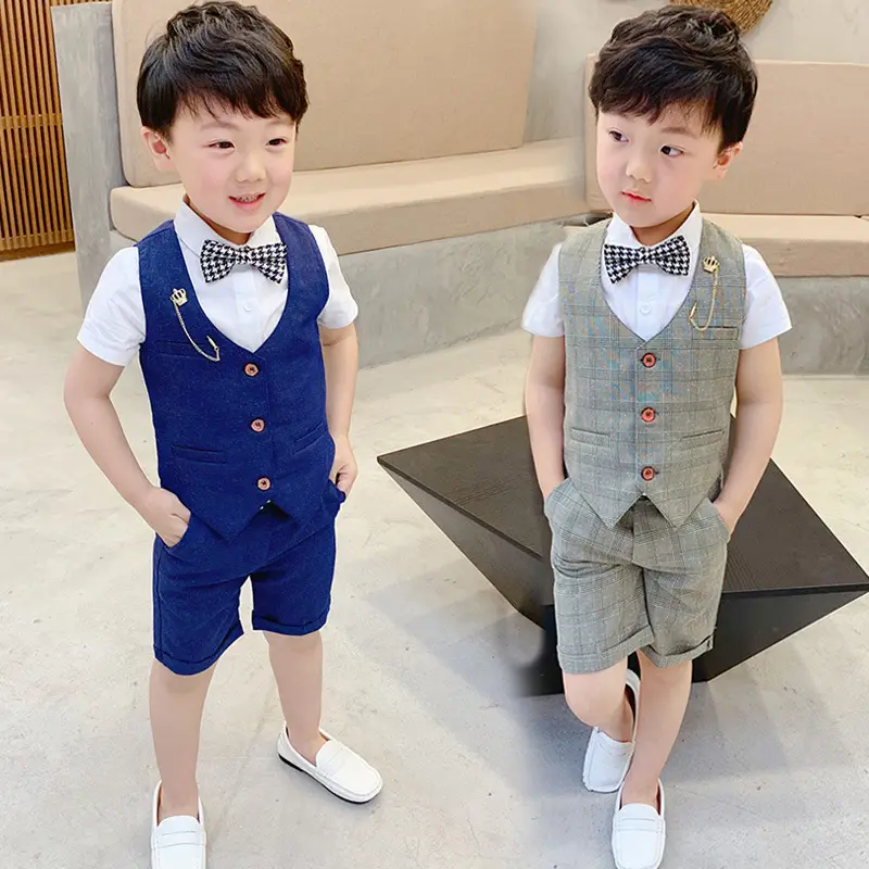 2019 été nouvelle mode gentleman garçons enfants vêtements gilet à carreaux deux pièces robe enfants jour piano costume