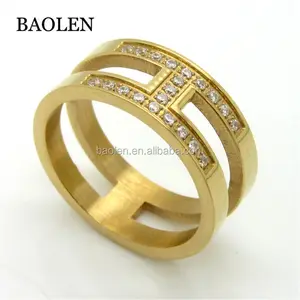 ステンレス鋼リングクラシックHレター結婚指輪ゴールドカラーモザイクAAACZジルコンクリスタルブランドジュエリー