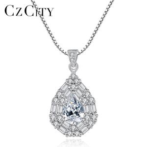 CZCITY 925 in argento Sterling <span class=keywords><strong>collana</strong></span> per le donne bianco CZ <span class=keywords><strong>zaffiro</strong></span> ciondolo a forma di goccia d'acqua per matrimoni <span class=keywords><strong>e</strong></span> feste - Product Image 1