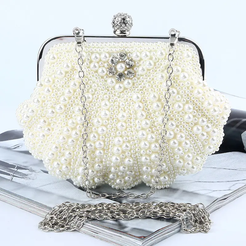 Factory direct wholesale luxury pearl clutch bag handmade beaded evening bag classic scalloped handbags for wedding party prom