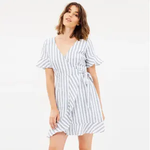 Lancai 2020 custom wholesale casual Clothes Ladies Short Sleeve Striped Linen Wrap Ruffle Dress