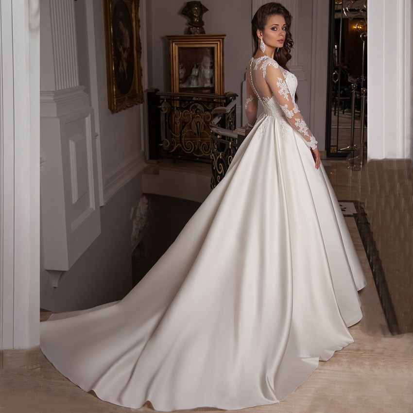 a line wedding dress modest Elegant A-Line Sweetheart Satin Appliques Lace Long Wedding Dresses –  27dress main image 0