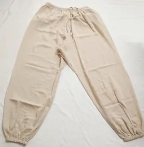 Taiji logosu işlemeli spor Taiji Kungfu pantolon setleri ile 2 yan cepler ve ön İpli ile Unisex çizgili pamuk bej