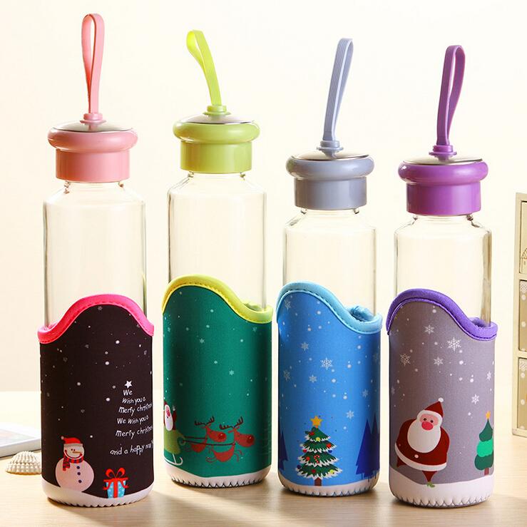 Christmas water bottle BPA Borosilicate Glass Water Bottle with Colorful Nylon Sleeve