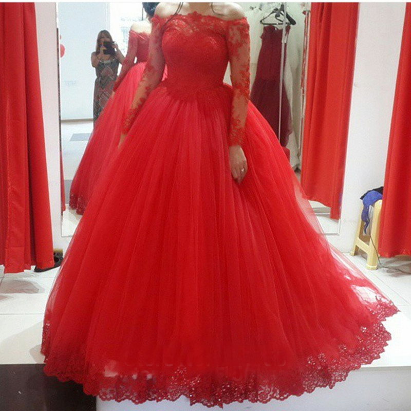 red ball gown wedding dress Red Wedding Dresses Beaded V-Neck Long Sleeves Satin Bridal Gowns Court Train==