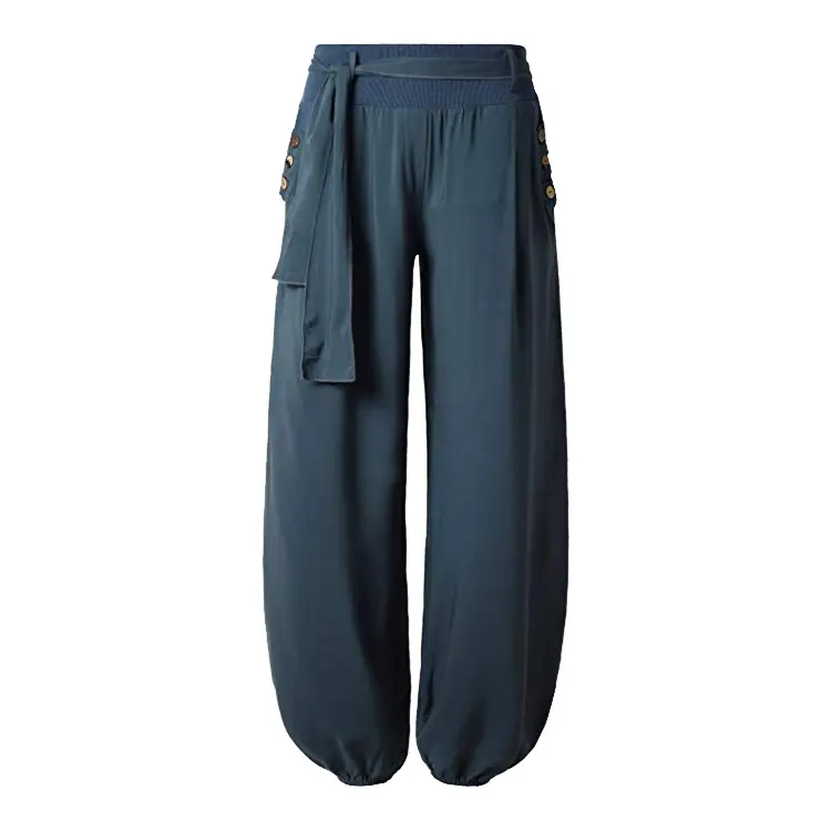 Women's Button Elastic Cuff Belted Soft Long Yoga Harem Pants