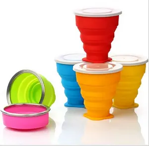 Taza plegable de silicona, botella de agua plegable, vasos de plástico con tapa, venta al por mayor