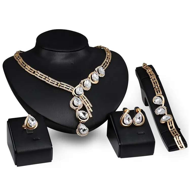 4 Piece Women Fashion Jewelry Sets African Luxury Saudi 18K Gold Plated Dubai Water Drop Crystal Wedding Bridal Jewelry Set