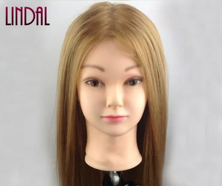LINDALナチュラルヘア理髪ヘアスタイルダミー人毛トレーニングヘッドマニキー女性は理髪店の本物の髪のマネキンに直面します