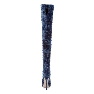 Woemsn الأزرق الدينيم الجينز الخنجر عالية الكعب فوق الركبة أحذية طويلة أحذية أنيقة - Product Image 3