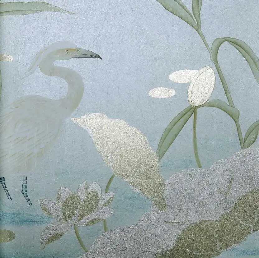 Dynamic Crane & Lotus Chinese Style Luxury Gilded Hand製Oriental Wallpaper