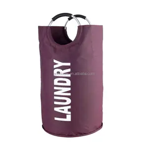 Large Collapsible Tall Tote Storage Baskets Washing Clothing Laundry Hamper with Rings (Purple)