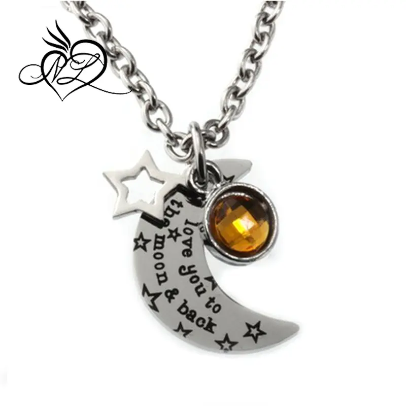 Stainless Steel Pendant, I Love You to the Moon & Back Necklace, with Yellow Topaz Crystal