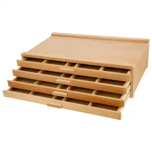 Деревянный ящик с 4 ящиками из необработанной древесины бука для художественного хранения пастельных карандашей, ручек, маркеров, кистей