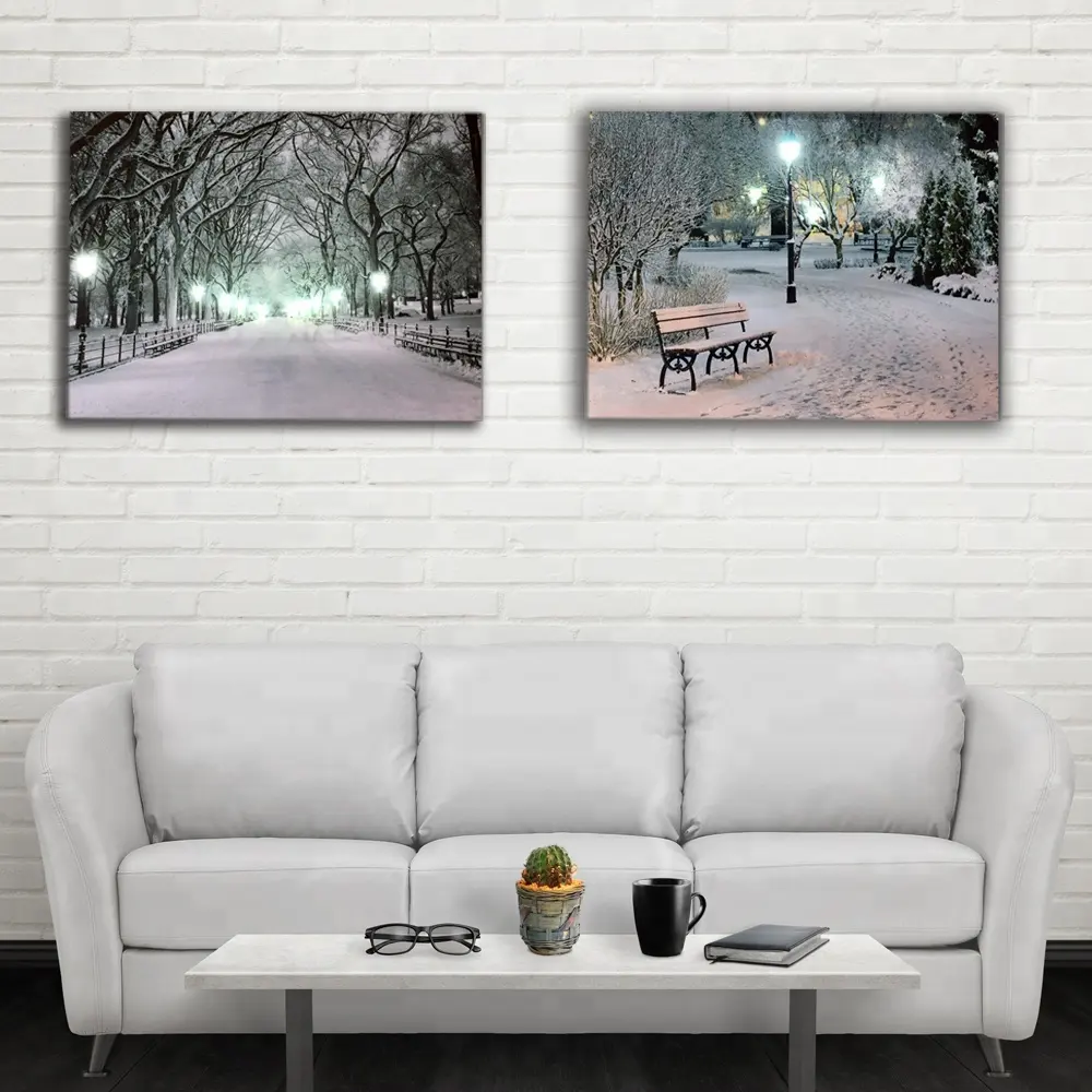Verlichte led Canvas Print Wit en zwart centrale park winter night muur foto landschap schilderen voor kerst woondecoratie
