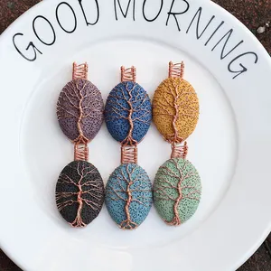 Wire Wrapped Tree of Life Natural Lava Stone Oval Shaped Pendant