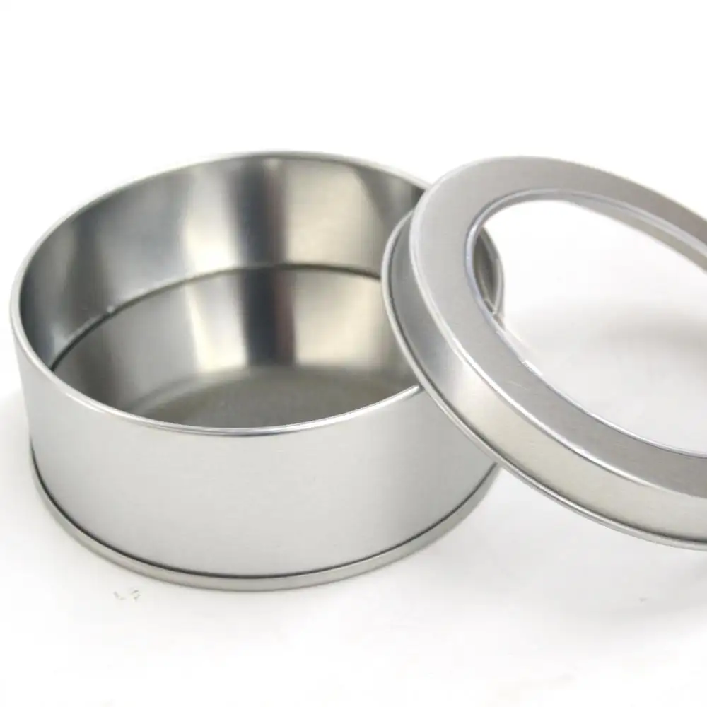 Wholesale stocks small cheap round shape silver cans metal case package acetate window tin box