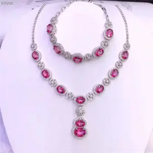 hot sale Indian bridal gemstone jewelry 925 sterling silver natural pink topaz necklace bracelet set for women