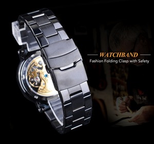Forsining-reloj de lujo para hombre, reloj masculino automático Retro con diseño de flor real, esqueleto dorado, punteros negros, de acero inoxidable - Product Image 5