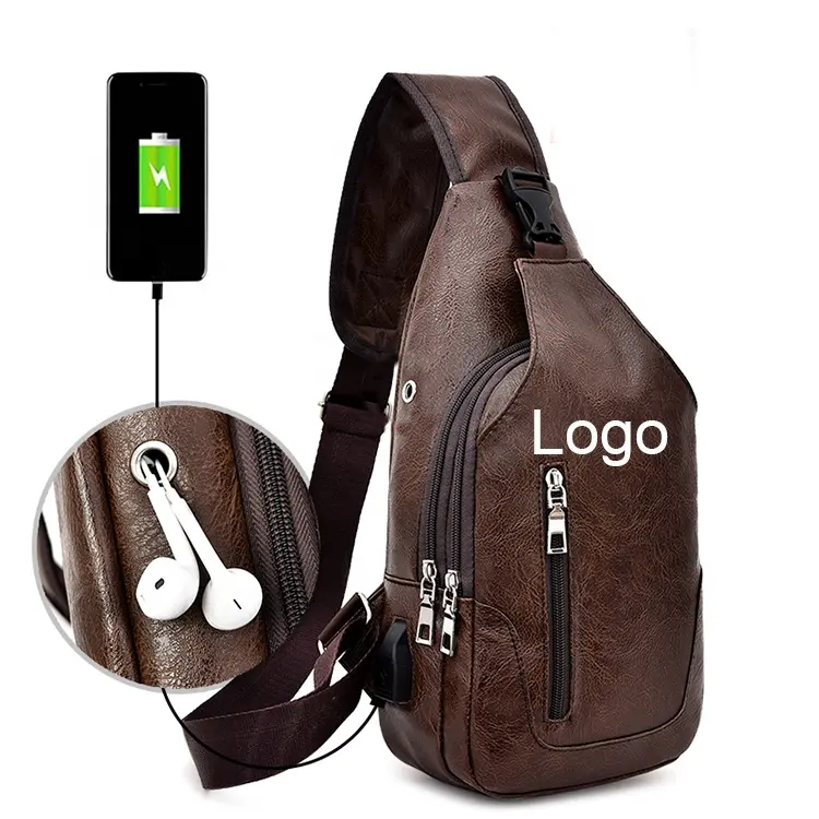 Casual Fashion Custom Logo Frauen Umhängetasche USB Charge Männer PU Leder Brusttasche mit Kopfhörer loch